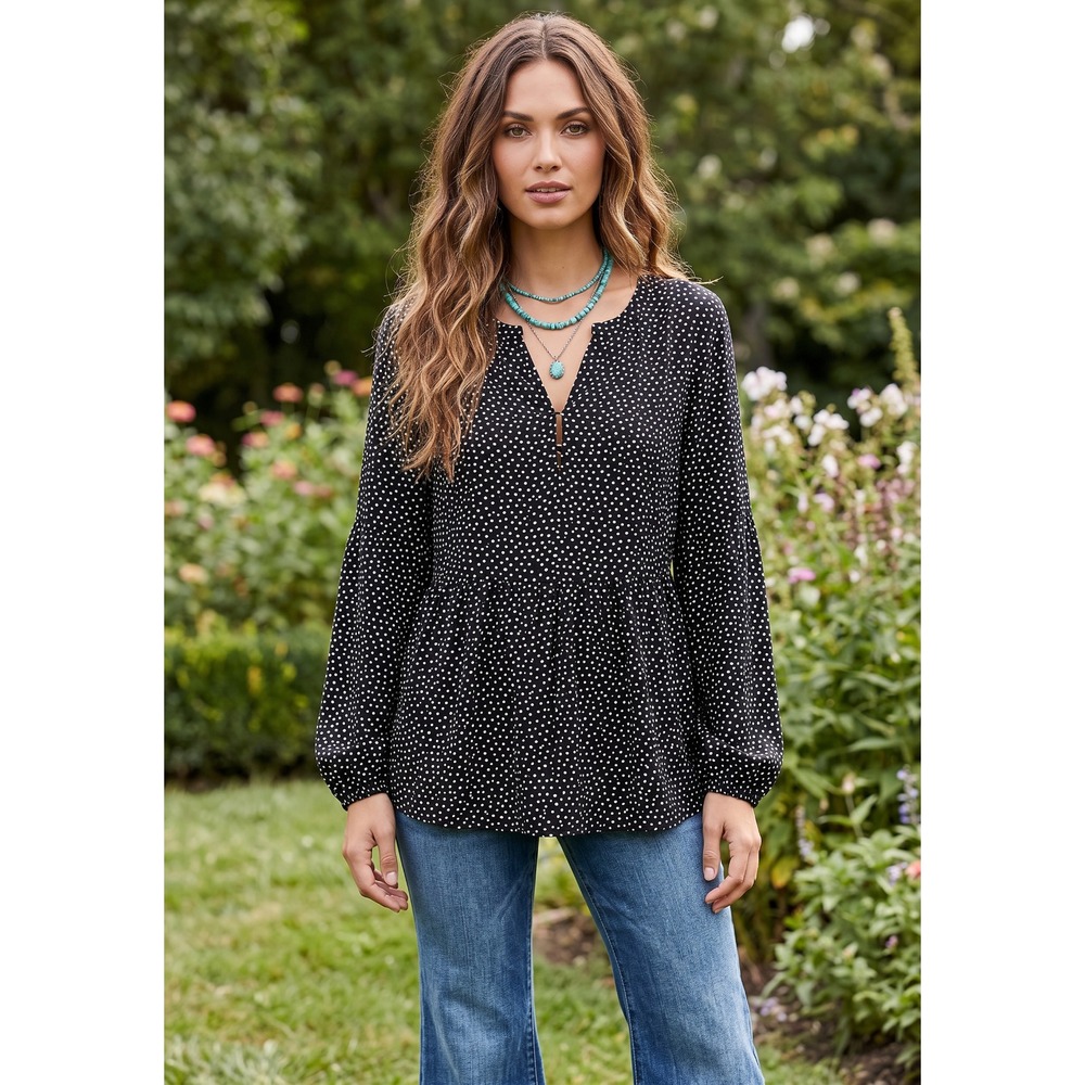 Loft Black White Dot Peplum Henley Flowy Top Boho Chic Office Cottage Coastal M